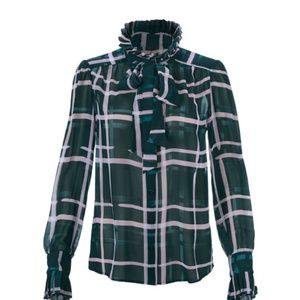 CAbi Teal Checkered Ruffle Blouse